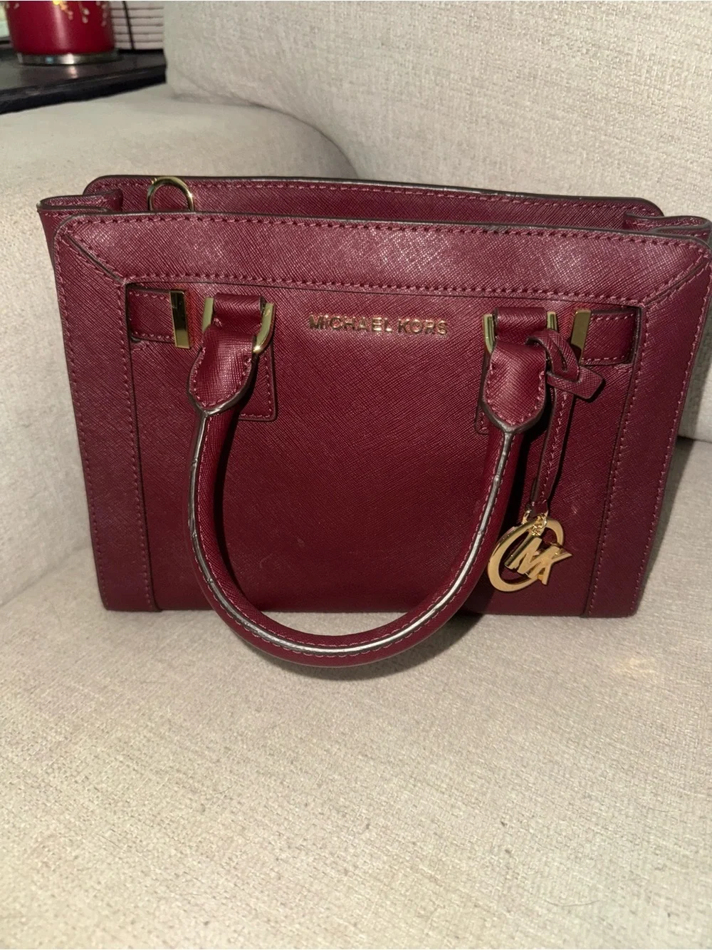 Michael Kors Bordeaux Saffiano Leather Satchel with Gold Hardware
